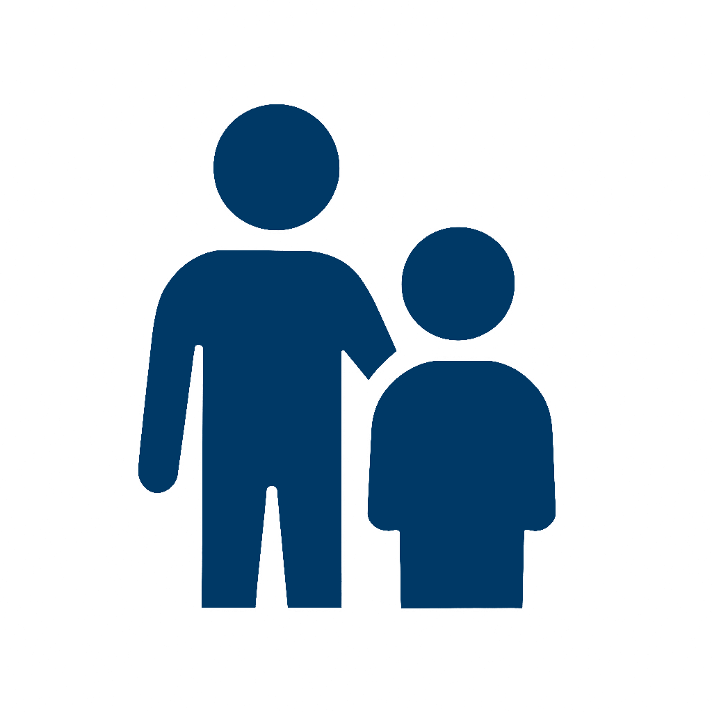 Icon of an adult and a child standing together, with the adult's arm around the child's shoulder, used to represent family or guardianship.