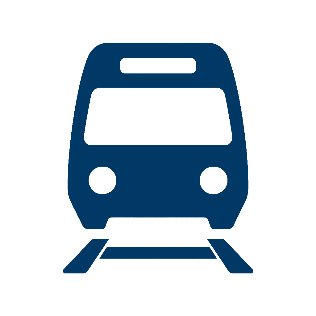 Icon of a blue train on black background.