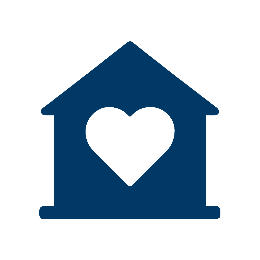Blue house icon with a heart cutout in the center, symbolizing love or caring for home or family.