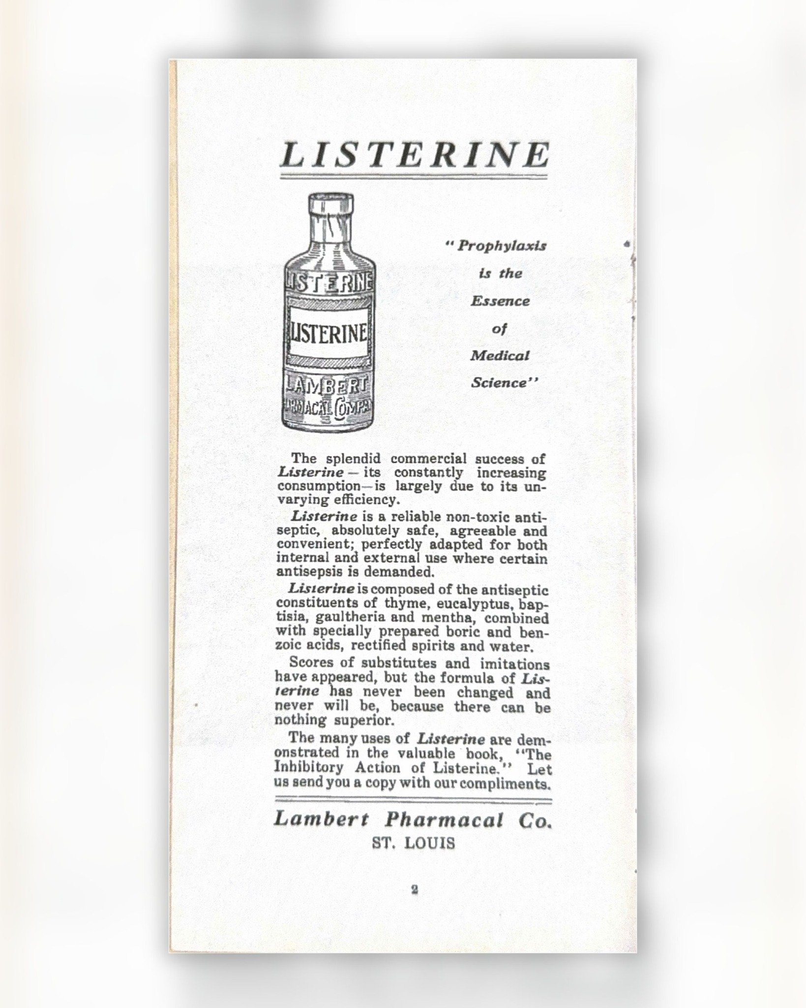 📸 FlashbackFriday | Mint Condition: 1910 Edition

From a 1910 osteopathic conference brochure: Listerine was praised as &ldquo;absolutely safe, agreeable, and convenient: perfectly adapted for both internal &amp; external use.&rdquo;

🍃Made from in