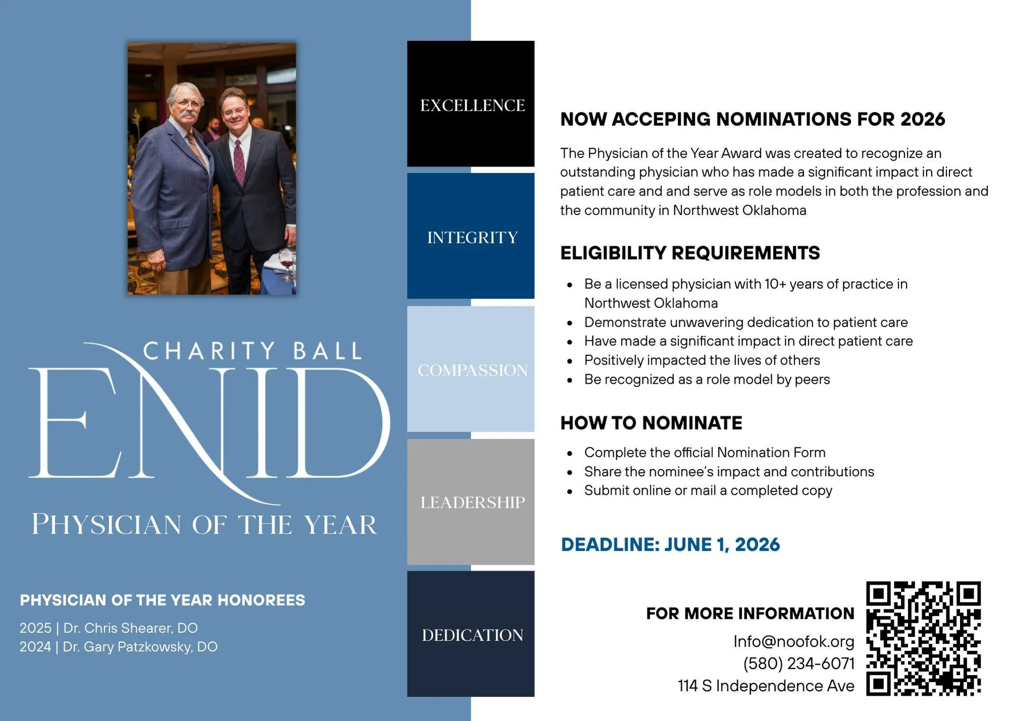 Do you know a physician who goes above and beyond for their patients and community?

The Northwest Oklahoma Osteopathic Foundation is now accepting Physician of the Year nominations.

This award recognizes outstanding physicians who demonstrate excep