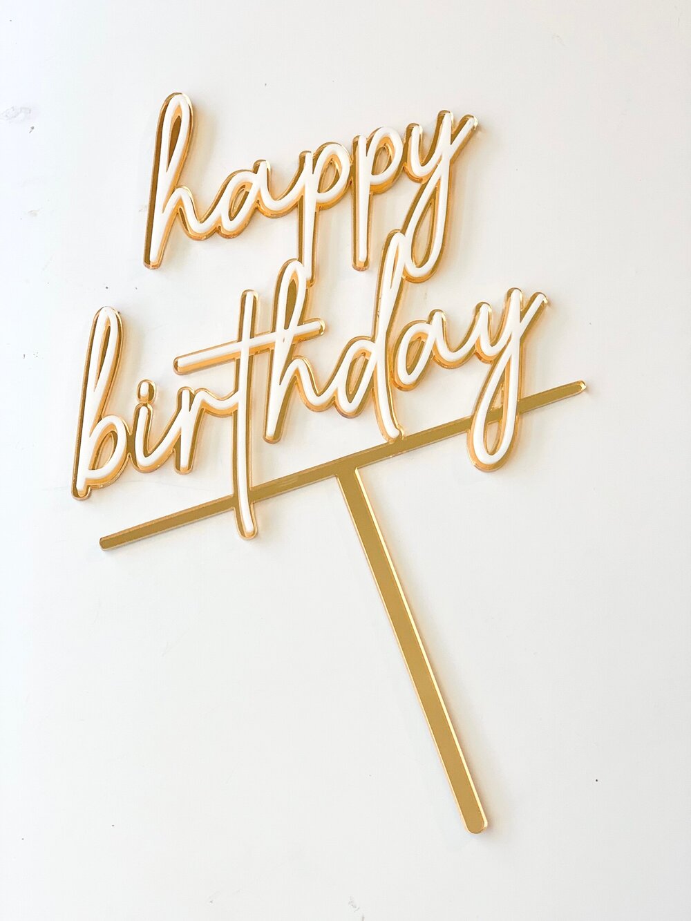 Gold Acrylic Cake Topper with Flower Design Happy Birthday Cake