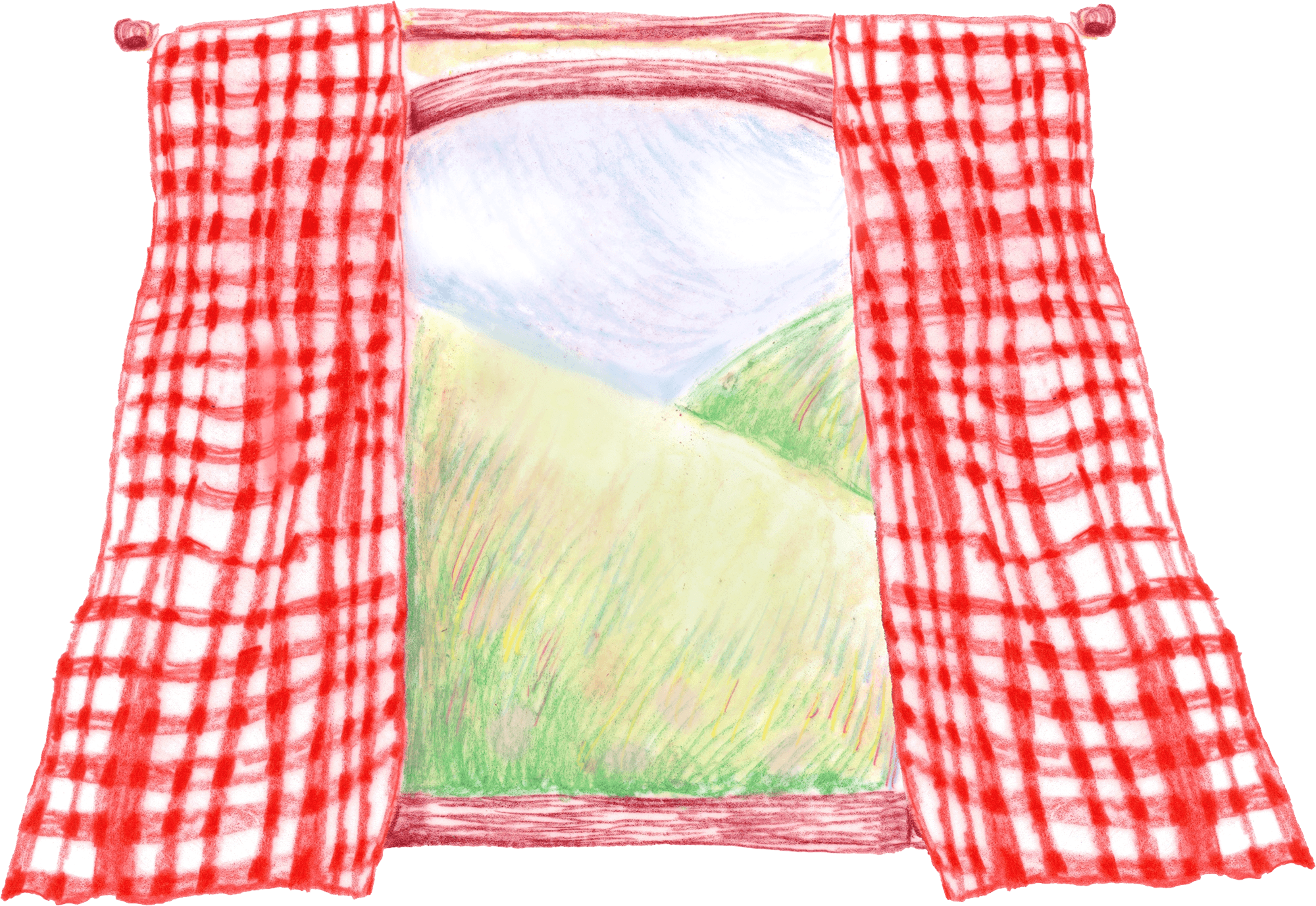 A colorful crayon drawing of a house with red and white checkered curtains, a green lawn, and a light blue sky with a yellow sun.