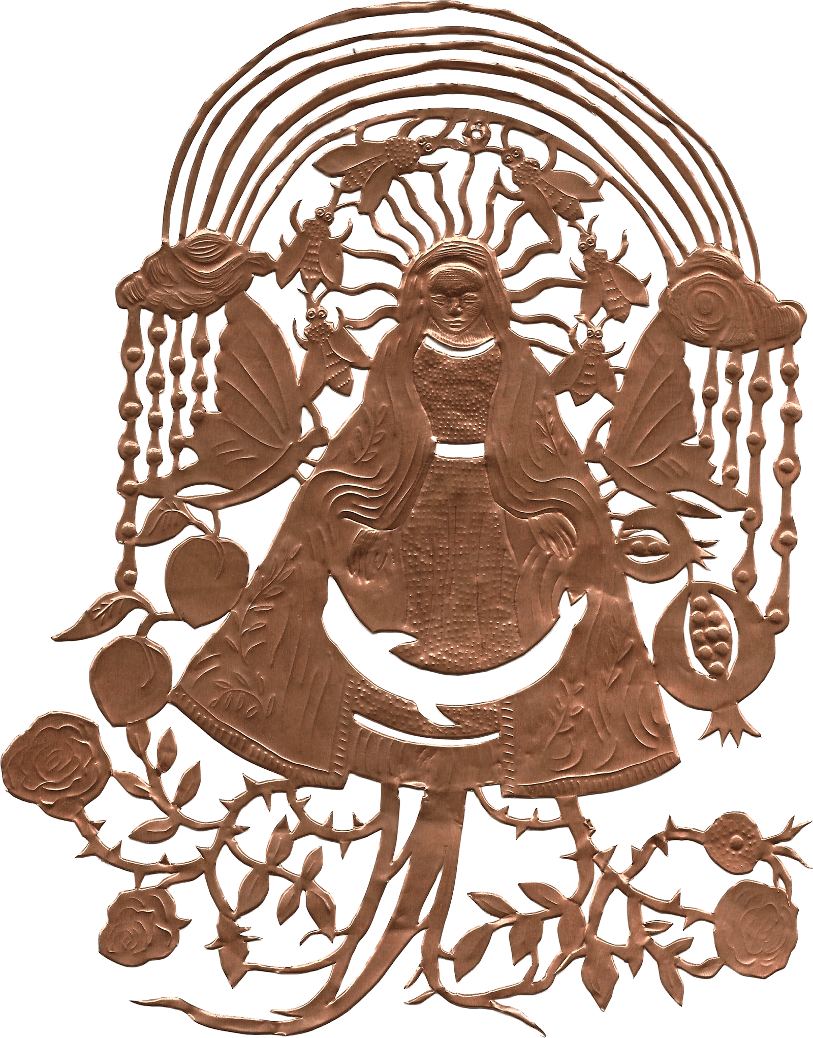 Intricate metallic wall art featuring a woman with long hair and bees, surrounded by floral and bee motifs, with a rainbow above.