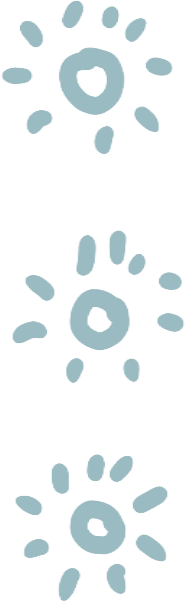 Illustration of three blue stylized flowers with petals around circular centers.