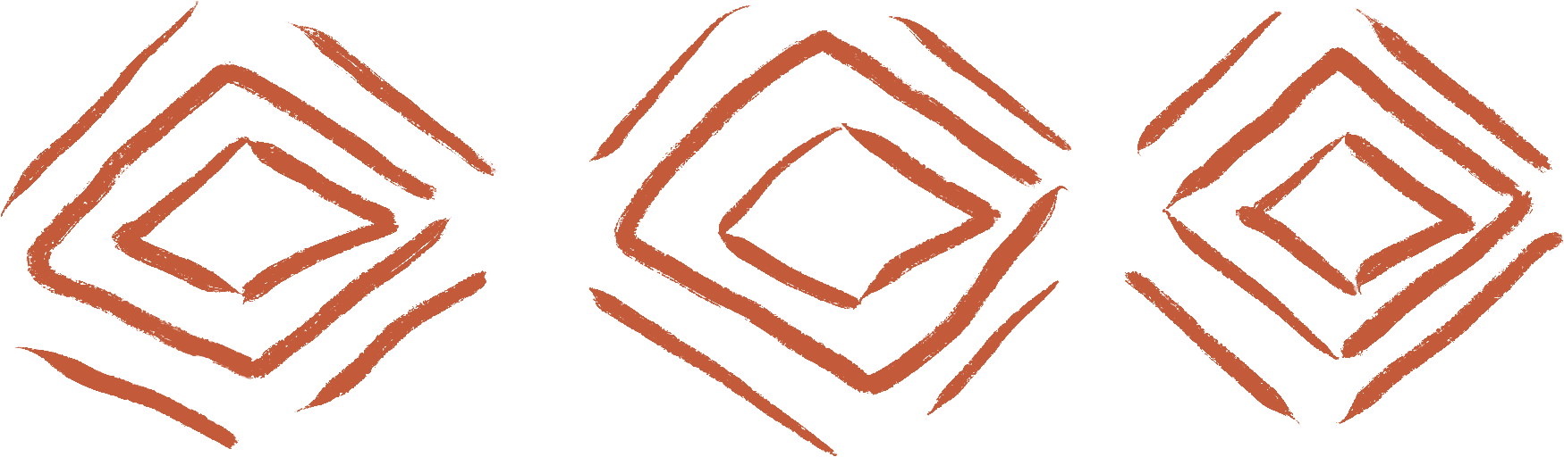 Pattern of connected, concentric diamond shapes with wavy lines in brown on a black background.