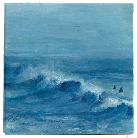 Painting of ocean waves with surfers.