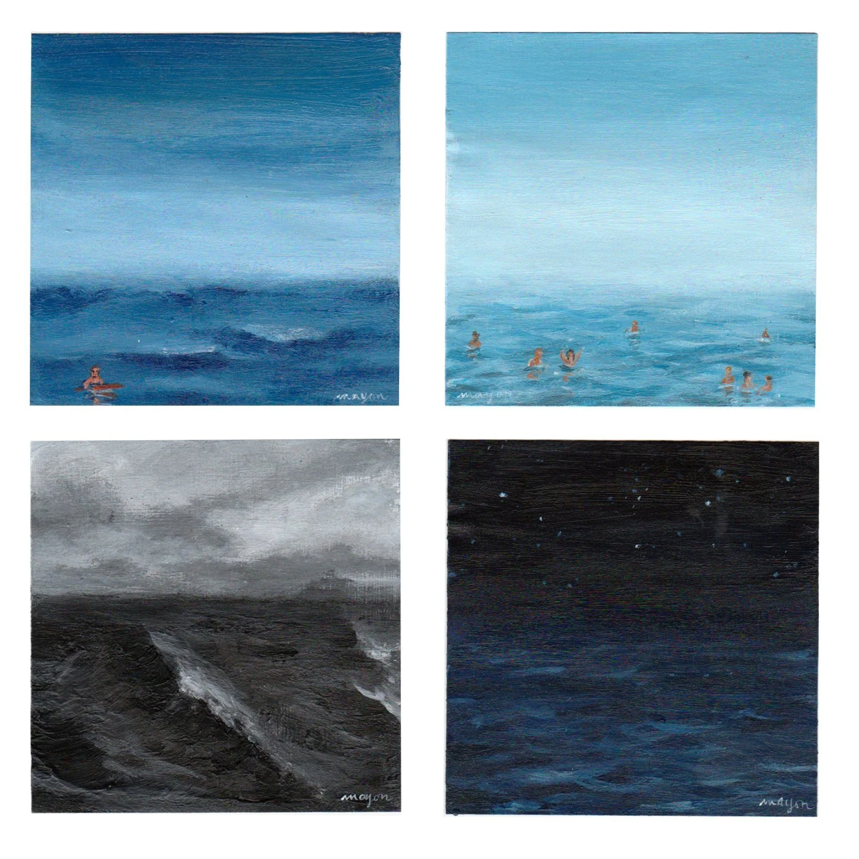 Four paintings depicting ocean and sky scenes: top left shows a woman with a surfboard in a dark blue ocean, top right shows people swimming in a light blue ocean, bottom left shows a rugged coastline under a stormy sky in grayscale, bottom right shows a dark ocean under a starry night sky.