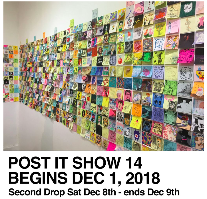 A wall covered with numerous small, colorful pieces of artwork arranged in a grid pattern, with some sticky notes interspersed. To the left, there is a vertical chart with the alphabet from A to Z, with each letter highlighted in a different color. The bottom part of the image features a poster announcing "POST IT SHOW 14," starting December 1, 2018, with a second drop on December 8th and ending December 9th.