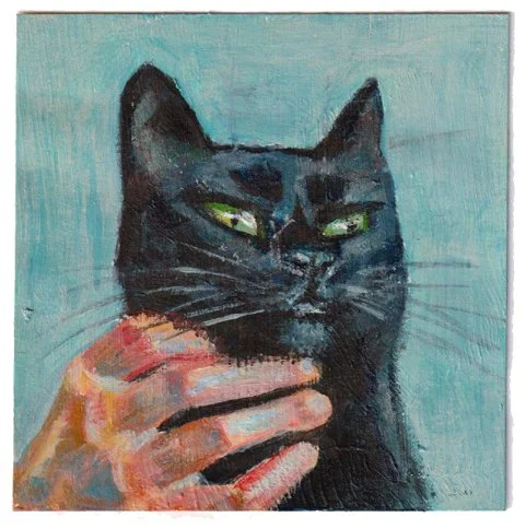 Painting of a black cat with green eyes being petted by a human hand.