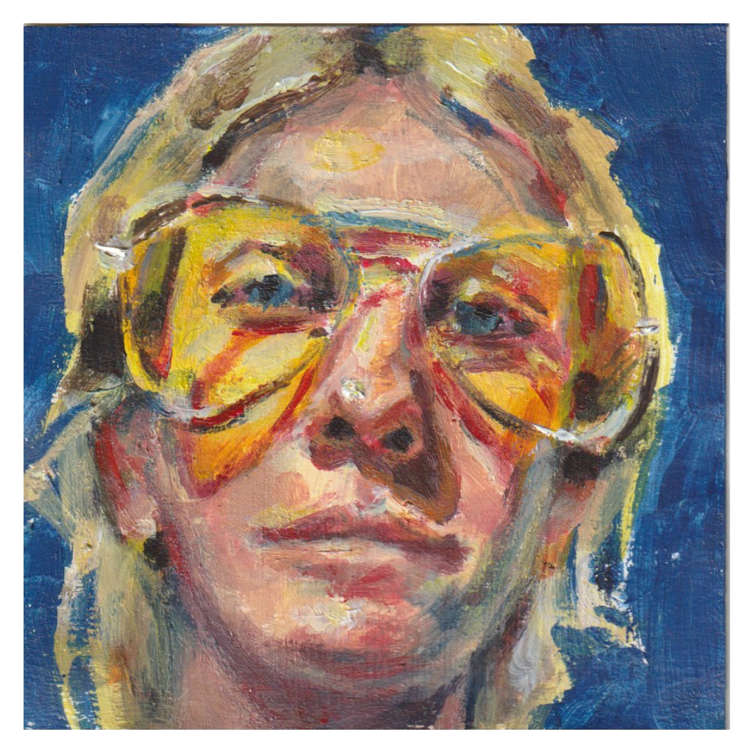An abstract painting of a person's face wearing large, yellow-tinted glasses, with a blue background.