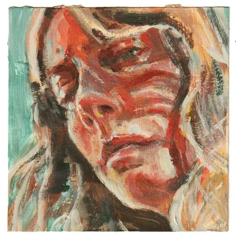 An abstract portrait painting of a person with long hair, depicted with bold brushstrokes and a mix of earthy colors, emphasizing facial features with expressive style.