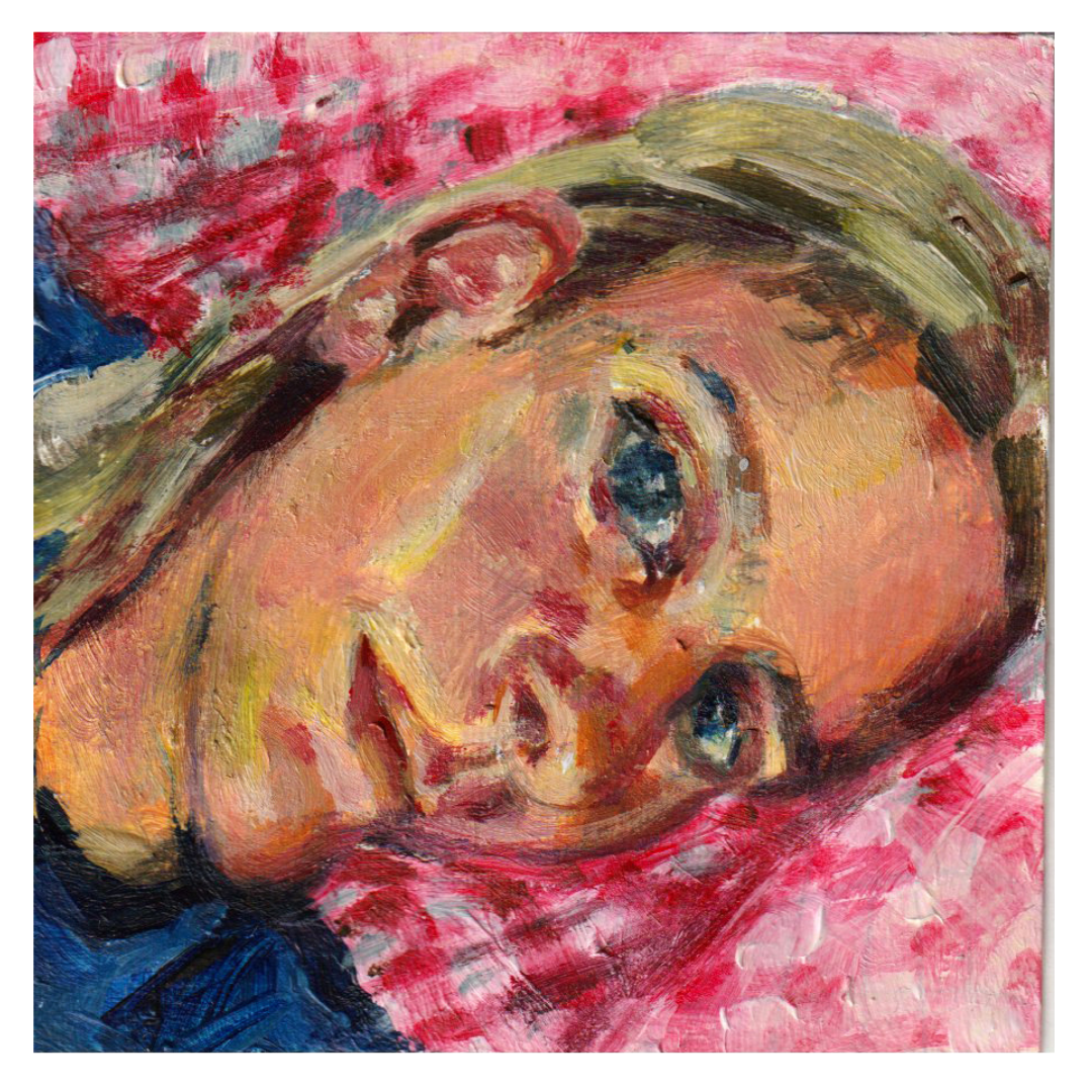 Impressionist-style painting of a person's face, turned sideways, with expressive brushstrokes and vibrant colors, featuring blue eyes and a pink background.