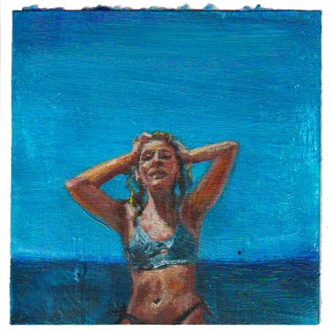 Painting of a woman in a bikini at the beach, hands behind her head, under a blue sky.