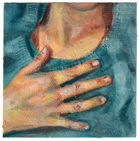 Close-up of a painting depicting a hand placed over the chest gap of a person wearing a blue shirt.