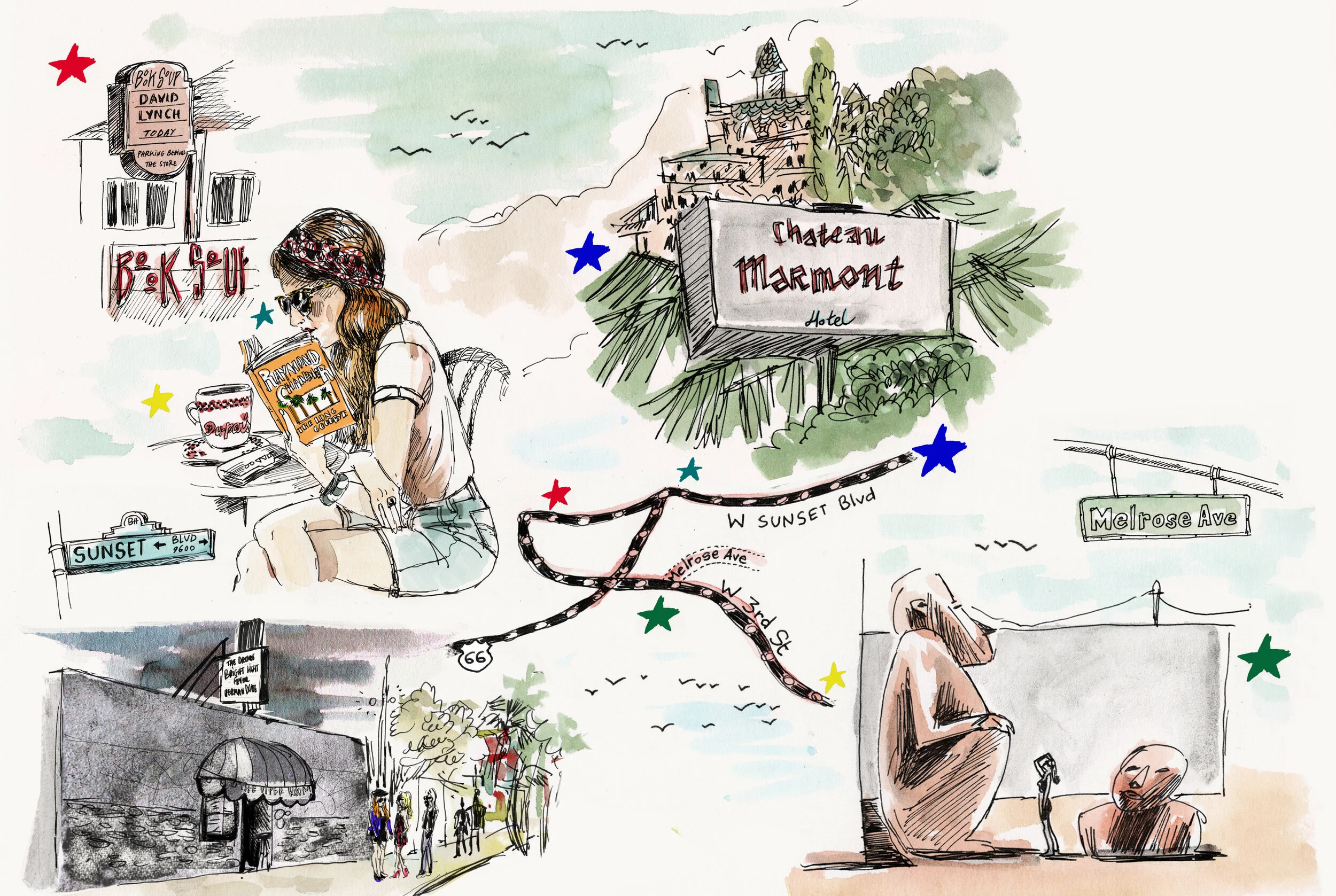 A colorful sketch of a woman reading a book and drinking coffee, surrounded by signs and landmarks including Sunset Boulevard, Chateau Marmont Hotel, and Melrose Avenue, with decorative stars and abstract background elements.