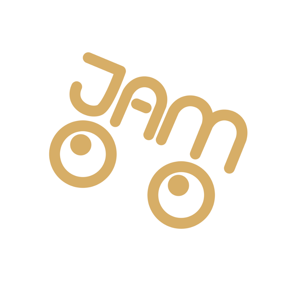 JAMworks logo with the letters JAM styled as hair above two large circular eyes forming a face