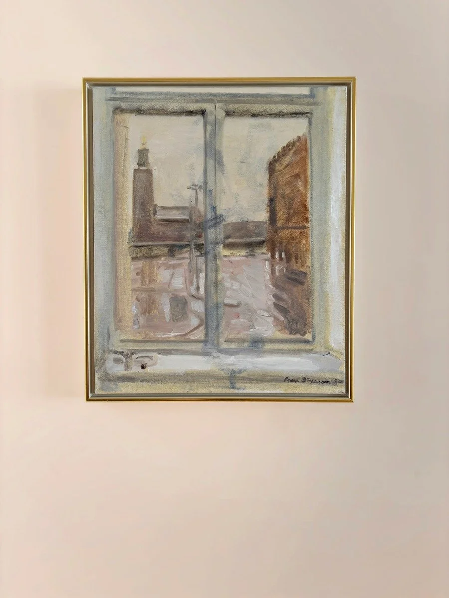 Window view of city, oil painting on canvas floating in frame. Signed & dated 90’.