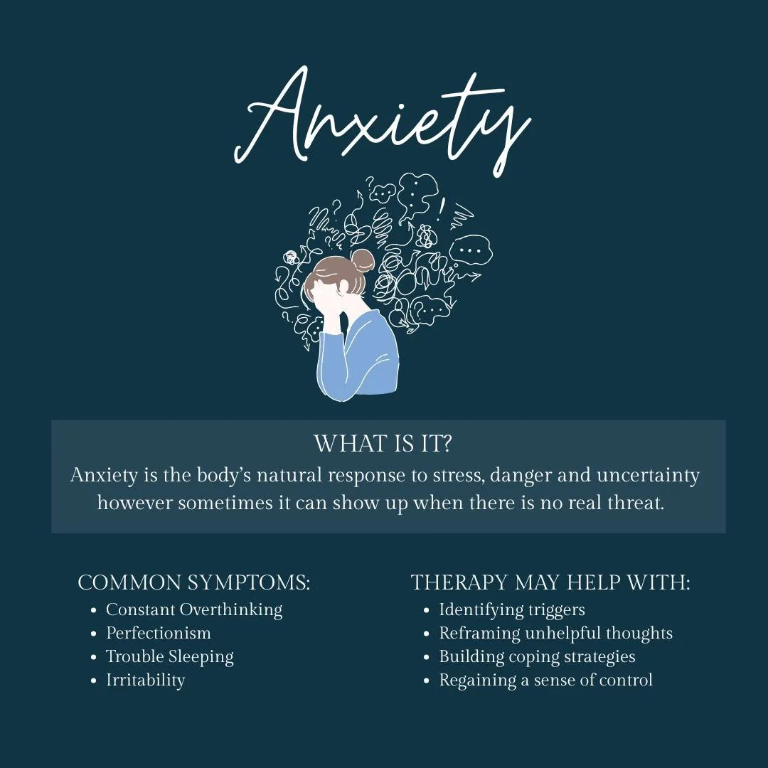 Anxiety is a normal emotion however, sometimes it can show up when it is not needed. These are some of the common symptoms and some of the ways which therapy may help if you experience these symptoms. 🌿