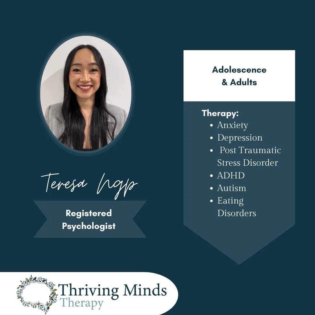 Registered Psychologist Teresa Ngo, has some upcoming availability for new adolescent and adult clients. If you or your teen need some additional support reach out today to discuss if Teresa is a suitable fit.✨
