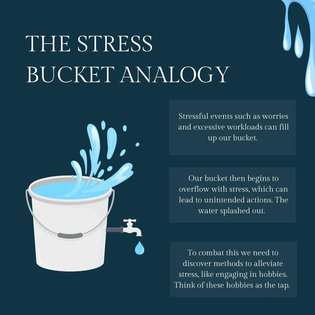 The stress bucket analogy is a visual way to consider how stress can impact many aspects of life. 

if you or your child are struggling with stress our team may be able to help, contact us today for all new enquiries. ✨