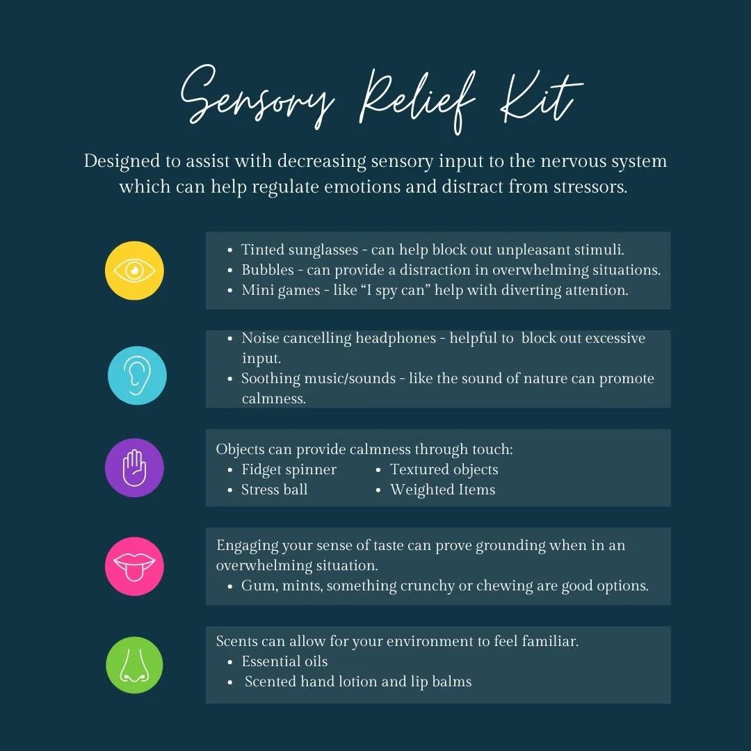 Certain situations can lead to dysregulation of the nervous system. Have a sensory relief kit on prepared can assist with decreasing sensory input and regulating the nervous system. Check out some of our favourite things to include in your kit! 🌿