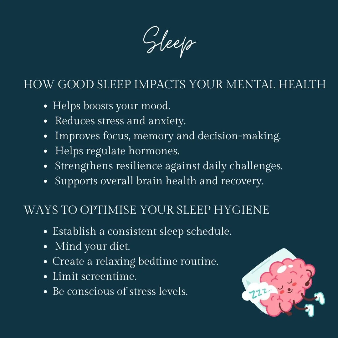 Sleep plays an important role in maintaining good mental health. These are just some of the ways good sleep impacts your mental health as well as some ways to optimise sleep hygiene. 💤

If this is something you struggle with our team may be able to 