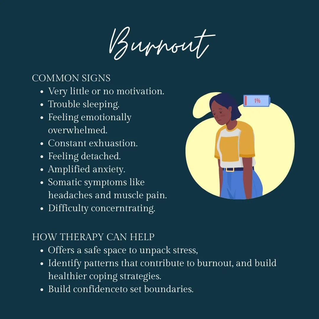 As we head towards the end of the year, burnout becomes more common. These are a few of the common signs and the ways which therapy may help. 
If you are needing some additional support our team of psychologists may be able to help, contact us for al