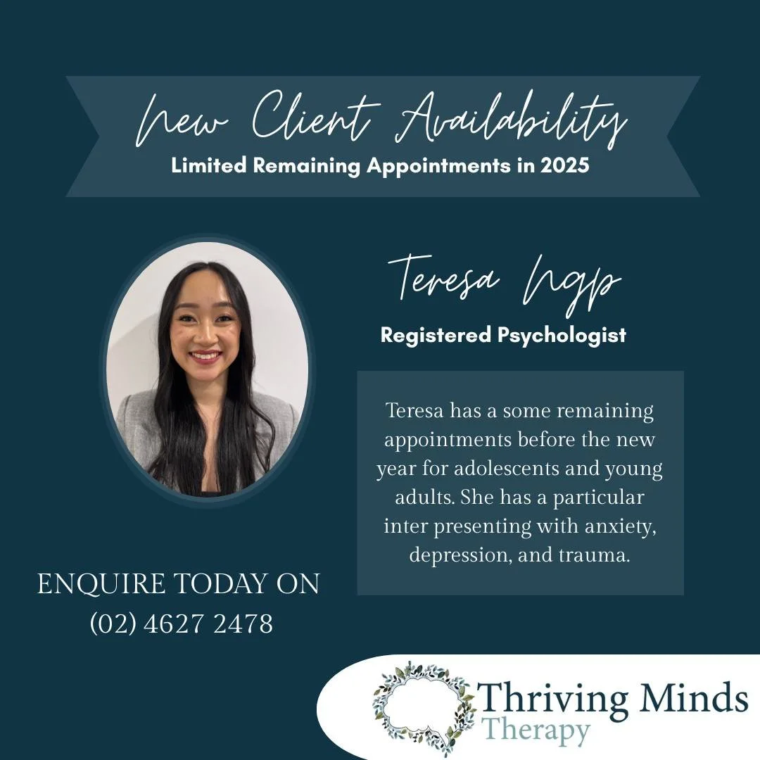 APPOINTMENTS AVAILABLE WITH TERESA! Registered Psychologist Teresa Ngo, has a few appointments remaining in 2025 for new clients. If you or your teen are looking for some additional support, enquire today by calling us on (02) 46272478. 🌼