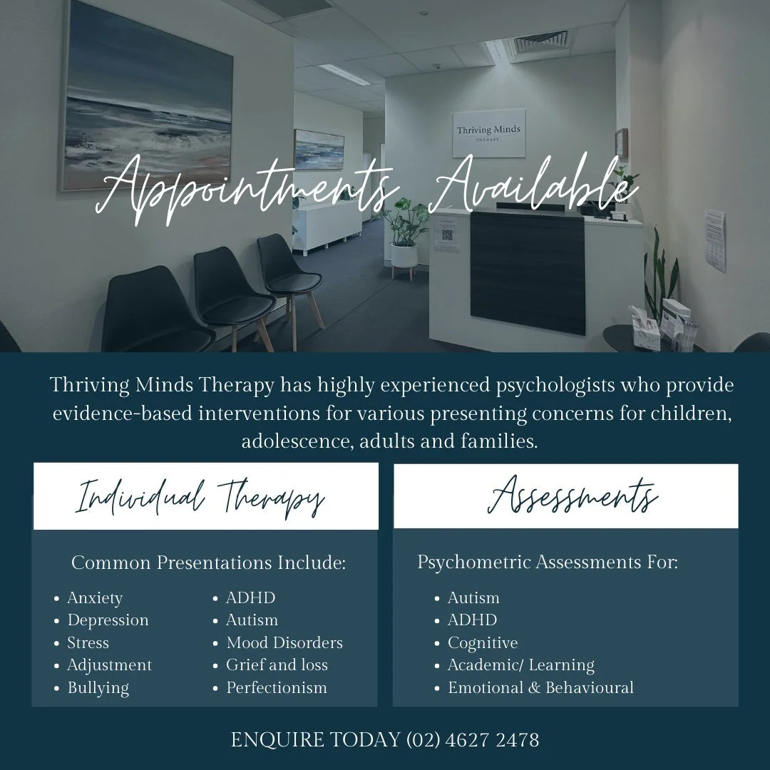 NEW CLIENT AVAILABILITY! 

Some of our team have upcoming availability for new clients, if you or your child are looking for some additional support get in contact with our team today or complete the new client enquiry form on our website.