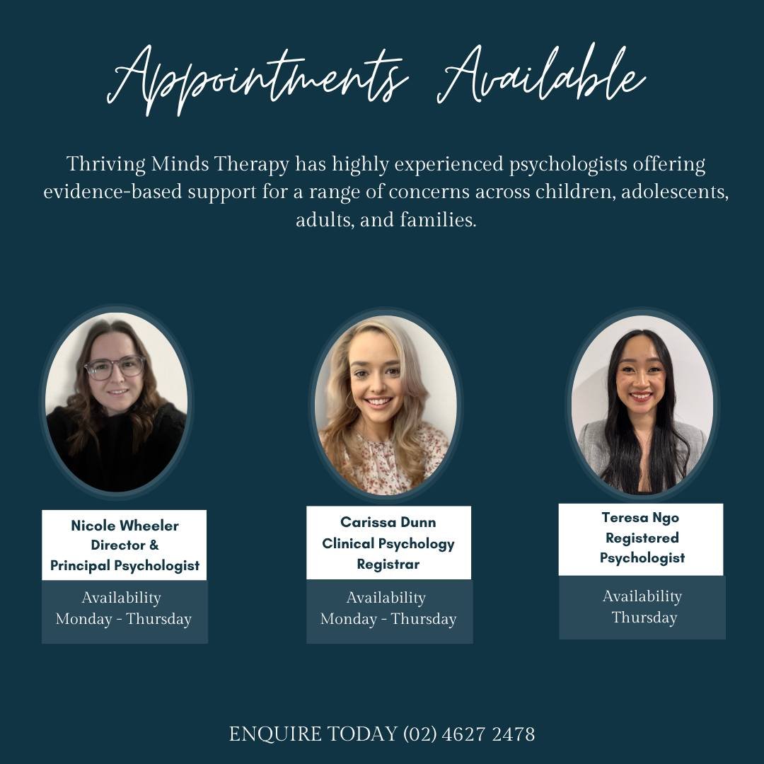 We currently have appointments available with our team at Thriving Minds Therapy.

Our psychologists support children, adolescents, adults, and families, using evidence-based approaches tailored to individual needs.

If you&rsquo;ve been considering 