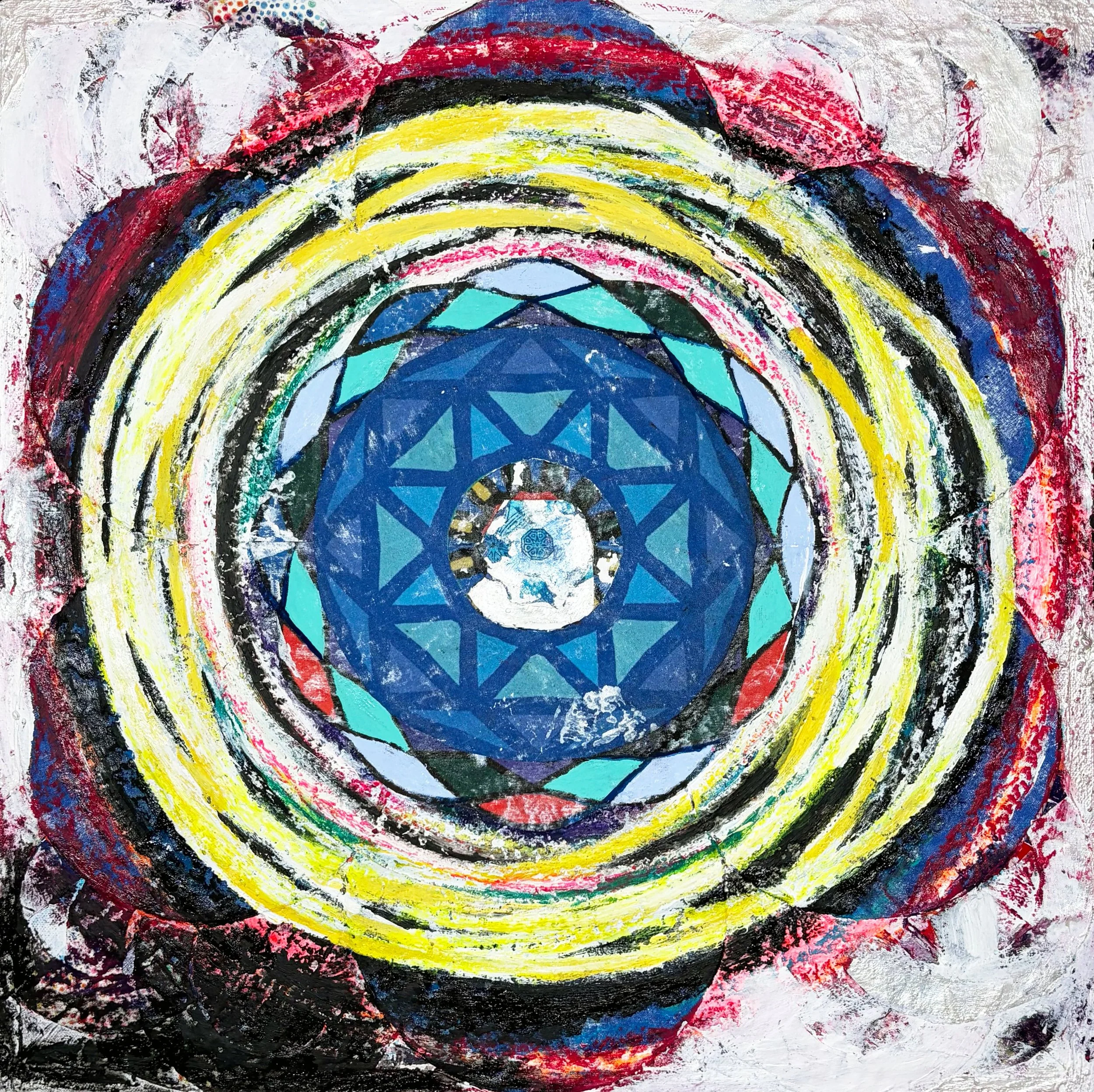 Stillpoint Beyond by Laura Mylott Manning
20" x 20" x 1.5" Abstract, geometric, mandala, bright yellow, unframed. 1 original 

GEO FIELDS is a premier collection of colorful, mixed media paintings, available exclusively through Time to