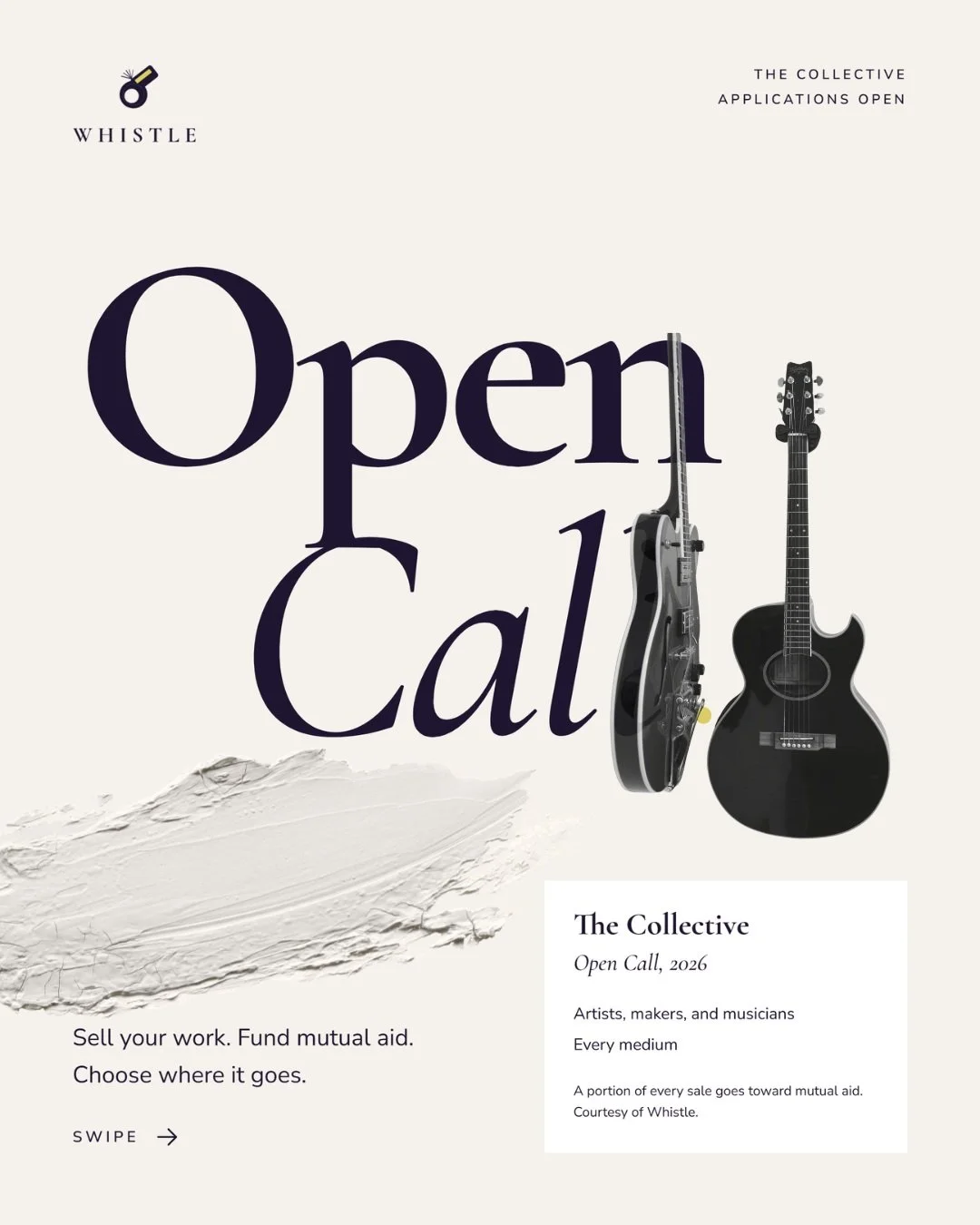 Open call: The Collective at Whistle is accepting applications. 

Whistle is an online marketplace for artists, makers, and musicians of every medium, and a portion of every sale goes toward mutual aid.

Here&rsquo;s how it works:

-Apply and tell us