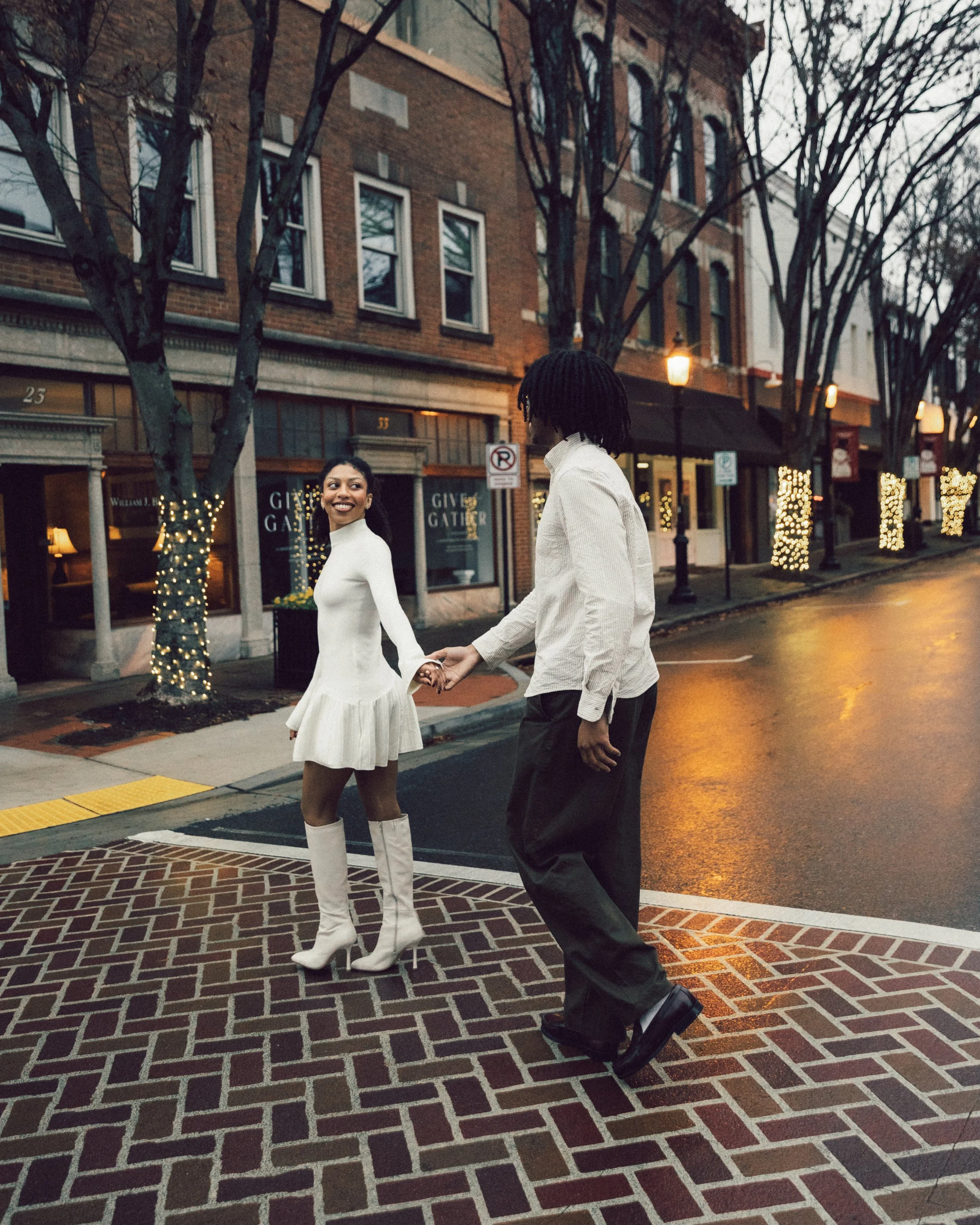 Couple walking across the street