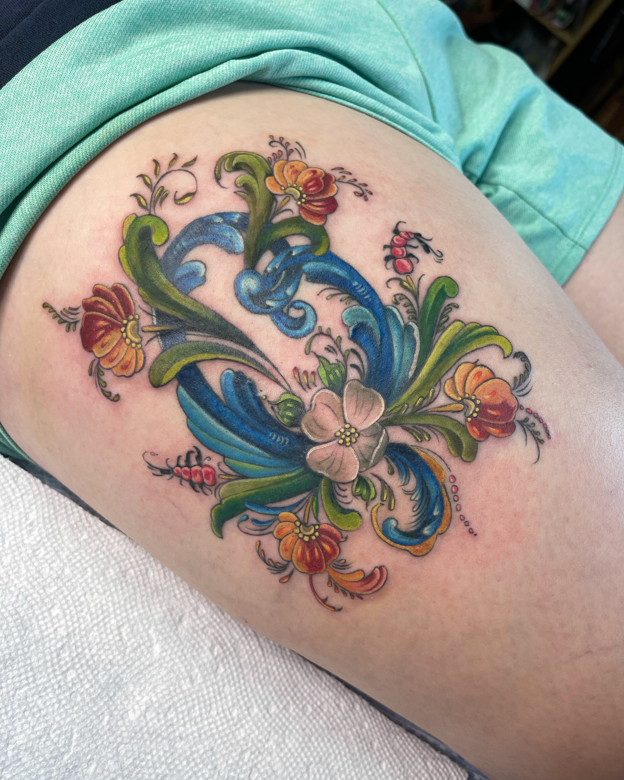 Red Pine and Rosemaling done by Kyle Malone of Leviticus Tattoo  Minneapolis  rtattoos