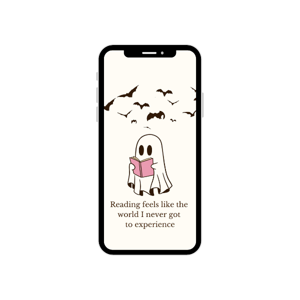 halloween iPhone wallpaper, fall aesthetic, ghost reading a book Home Screen, bats flying, Pinterest inspired