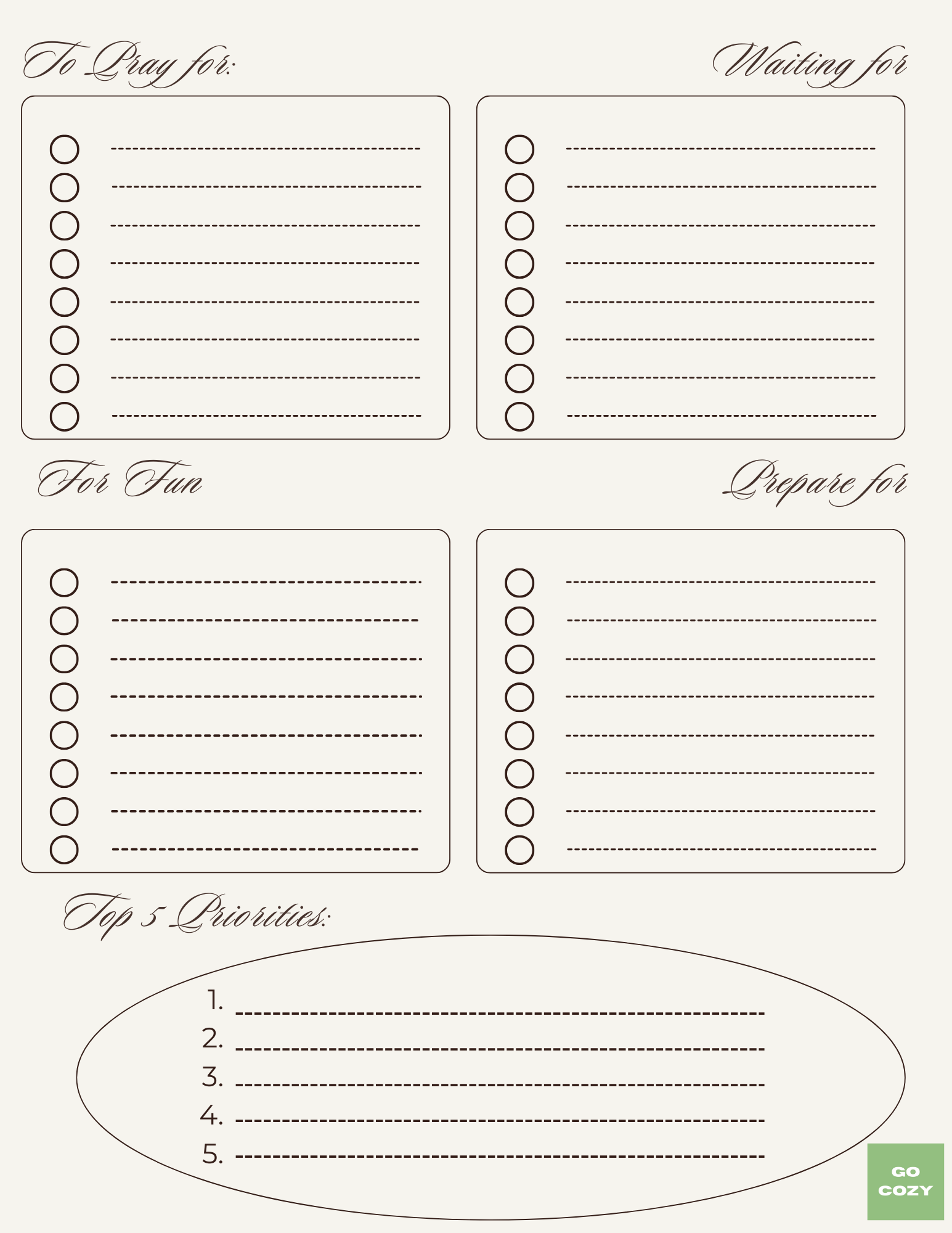 Brain Dump page 2 for site - beige paper with organizational design, bottom is your circled top 5 priorities to focus on 1st
