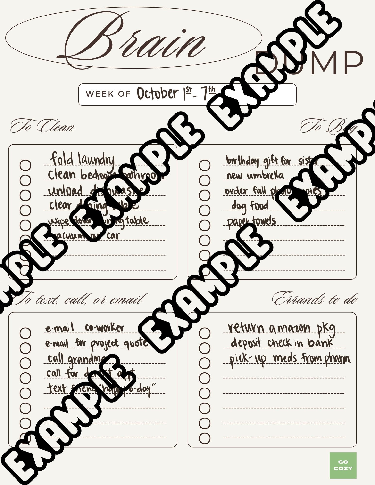 filled-in example brain dump organizer pages - beige background with brown design features