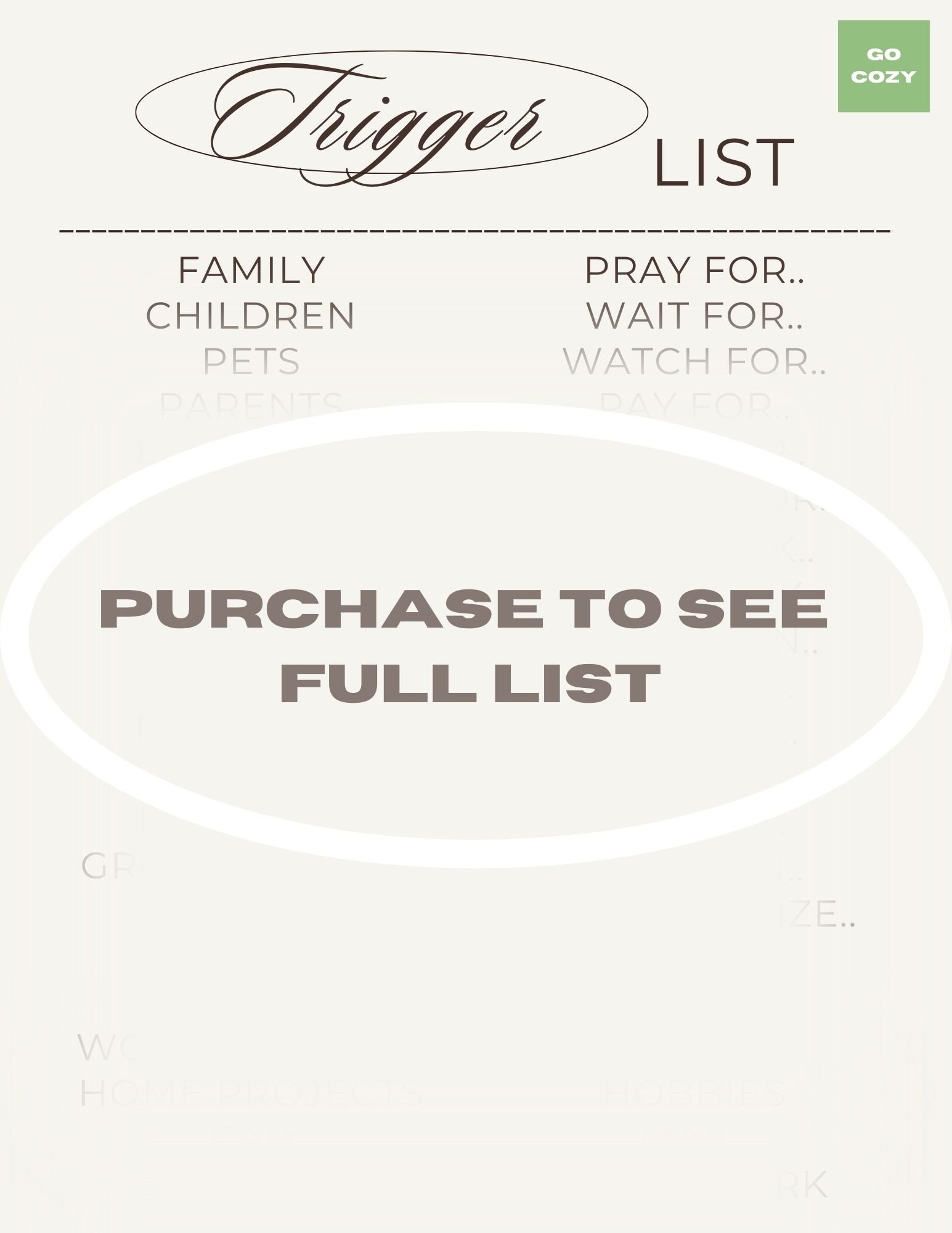 Trigger List to go with your brain dump pages - included trigger words ensure every thought is written down and tended to