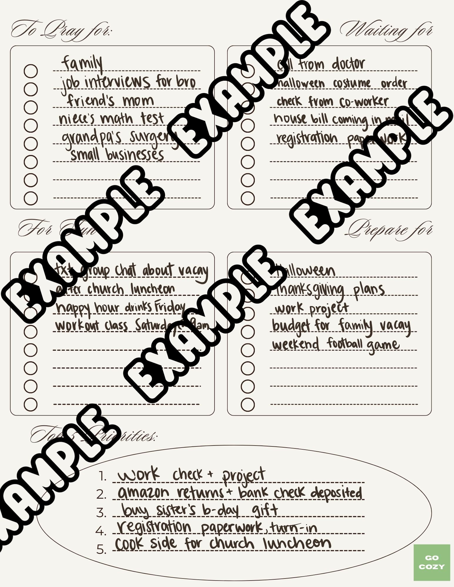 example of filled in brain dump worksheet - organize your thoughts into a sensible plan thats easy to follow - don't wait to get your life sorted