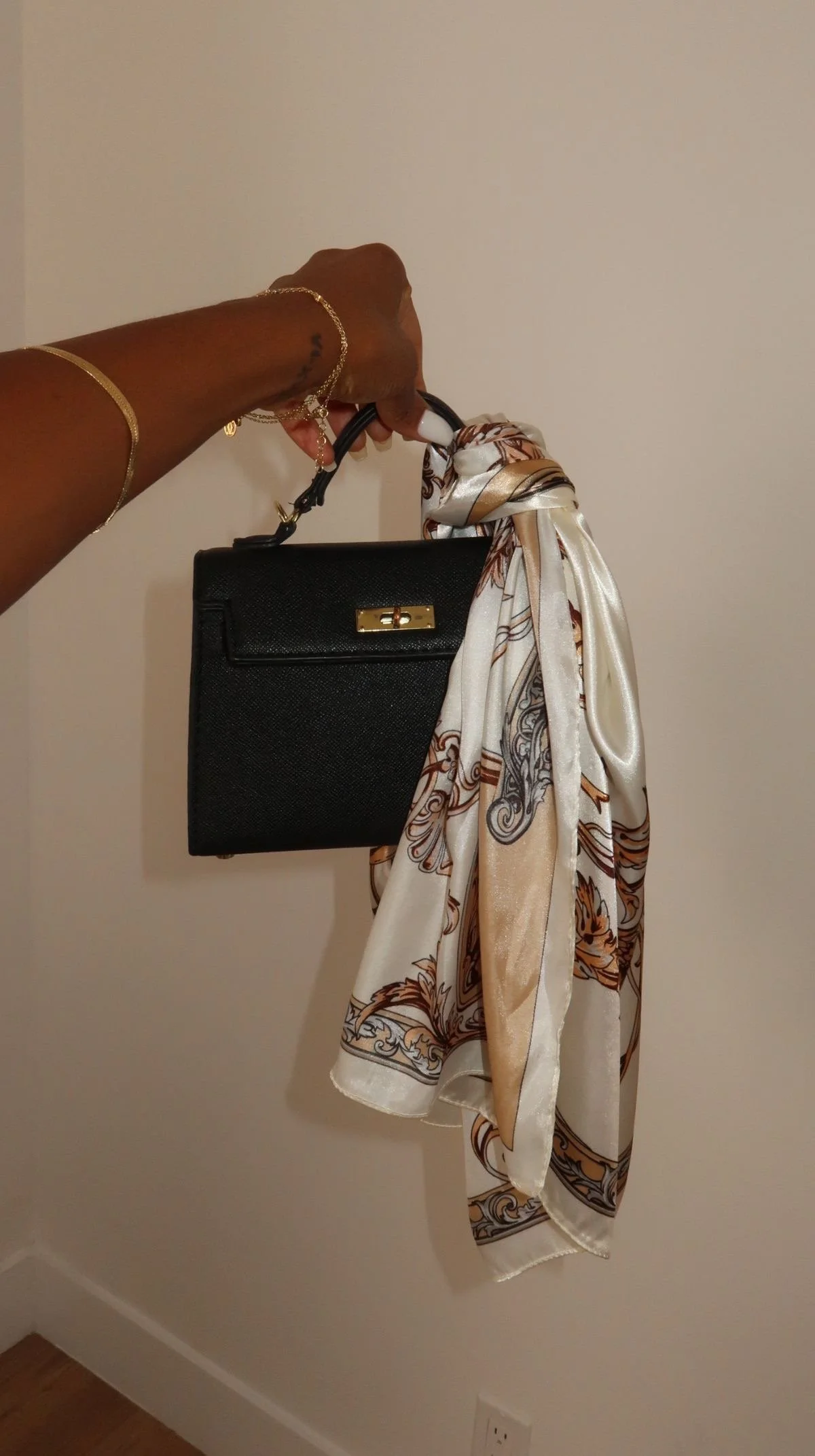 brown and white silk scarf