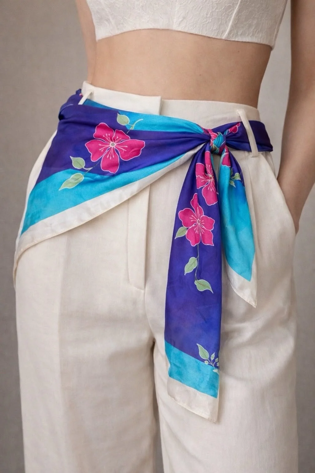 blue and purple tropical floral scarf