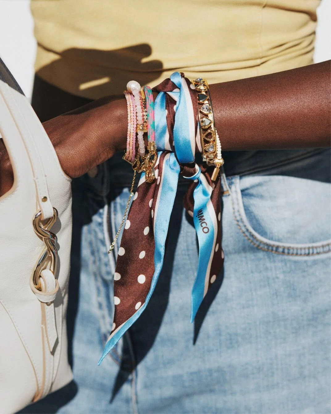 brown and blue polka dot silk scarf 