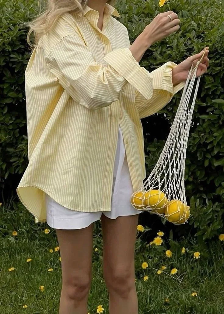butter yellow and white strip button down top