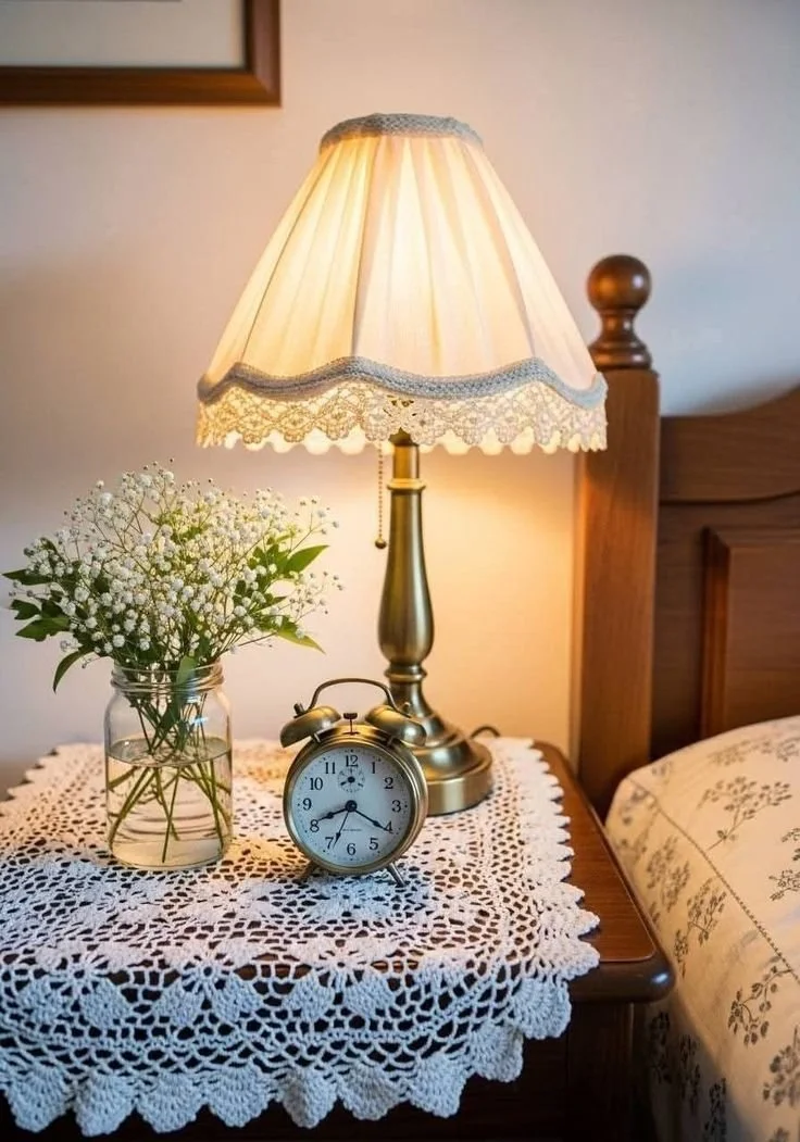 crochet doily styled on nightstand dresser