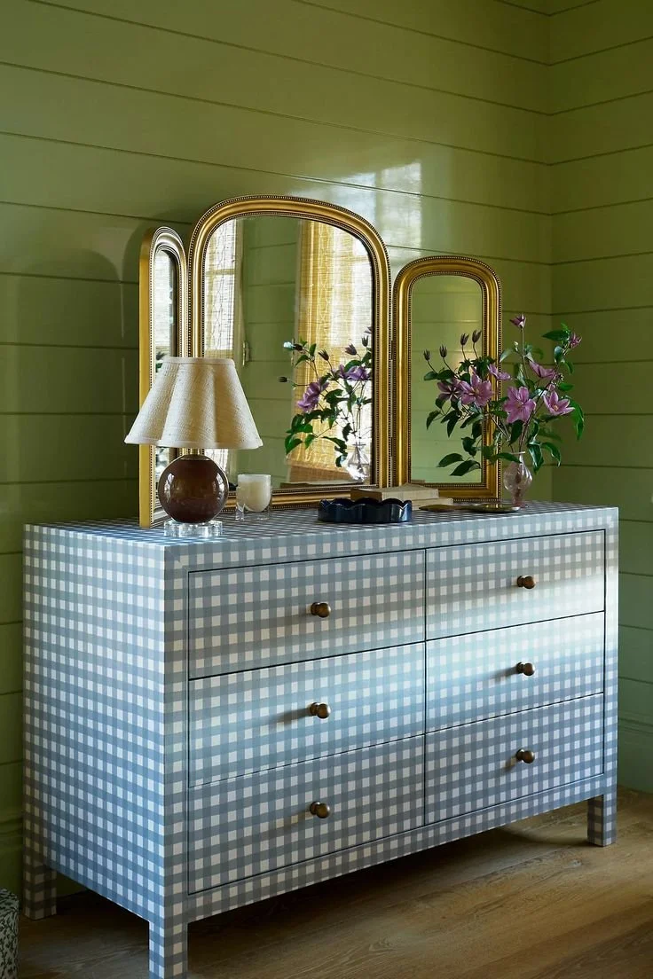 gingham dresser with vintage lamp