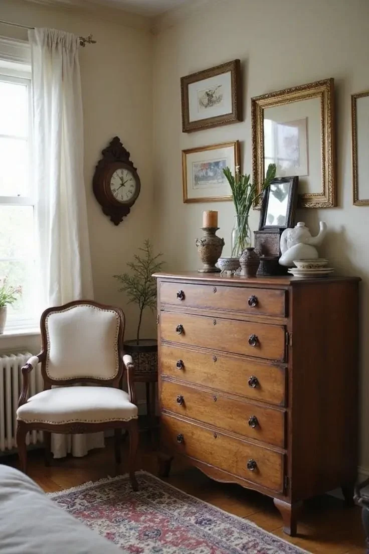 vintage wooden dresser in bedroom