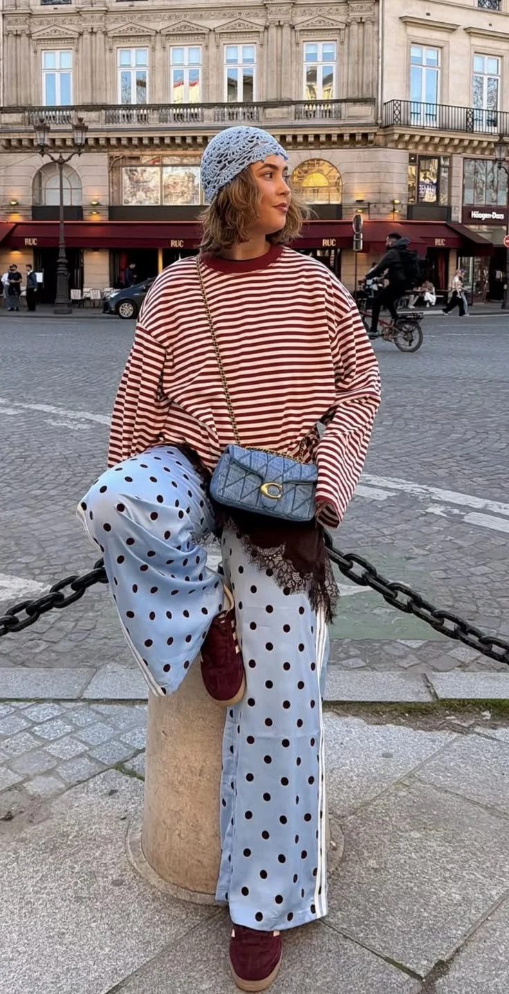 red and white striped long sleeve tee and blue and red polka dot pants