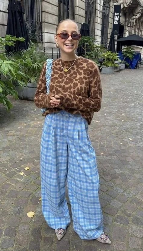 cheetah print top and blue plaid pant outfit