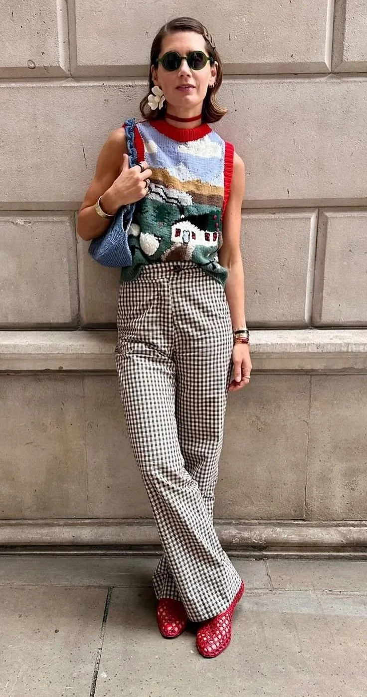 black and white gingham pants and a landscape tank top sweater